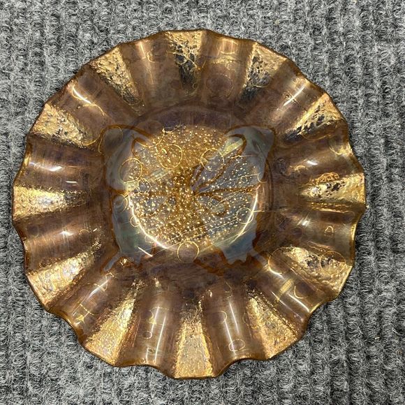 Butterfly Dish Glass 5.5” Ashtray Ruffled Trinket Holder Handpainted‎ Blue Brown - Picture 4 of 8